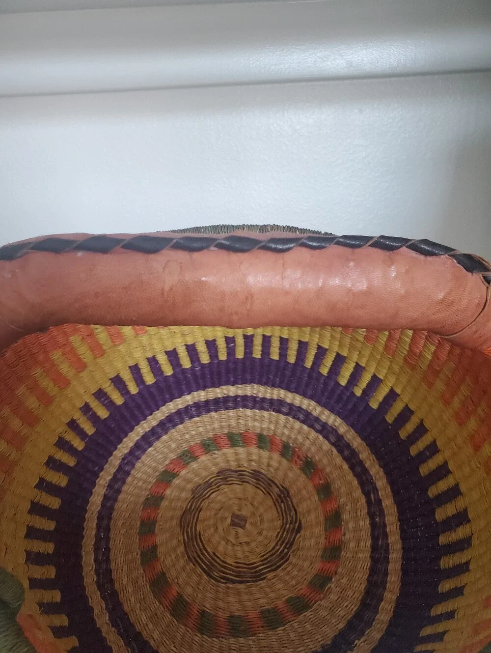 Large Colorful Basket Leather Handle Home Decor Boho Farmhouse Coastal Western